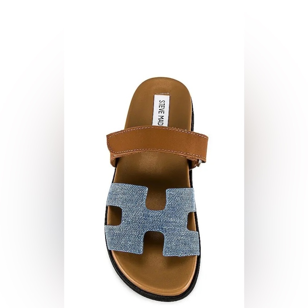 Steve Madden Brown Leather and Light Blue Denim Slide Sandals - Picture 2 of 5